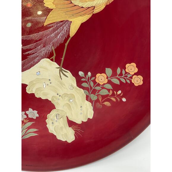 Japenese Maruni Co Lacquerware Metal Inlaid MOP Peacock Wall Charger Circa 1940s - Picture 4 of 13